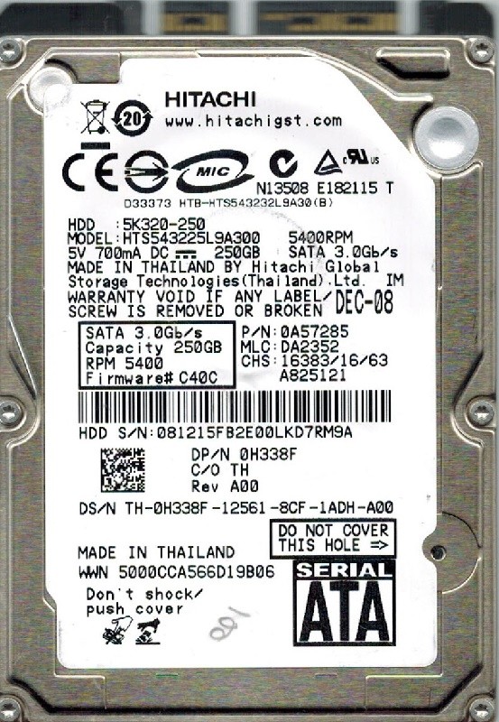 Hitachi HTS543225L9A300 P/N: 0A57285 MLC: DA2352 250GB