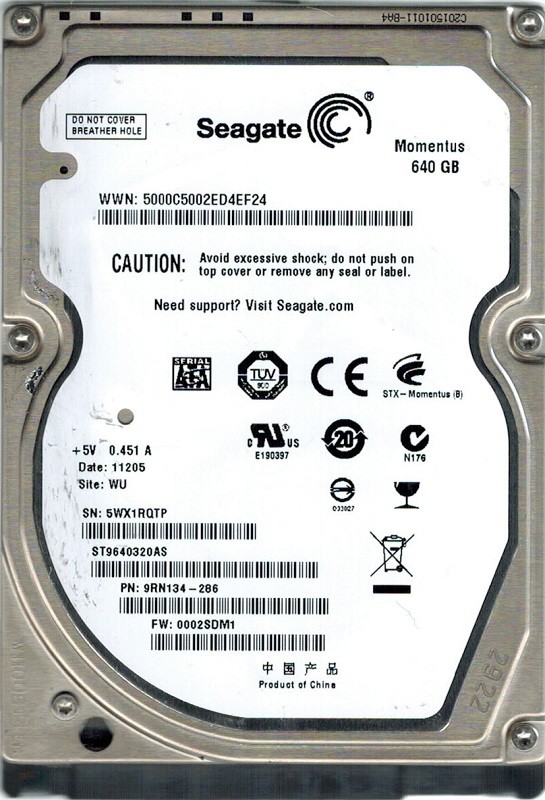 Seagate ST9640320AS P/N: 9RN134-286 F/W: 0002SDM1 640GB WU