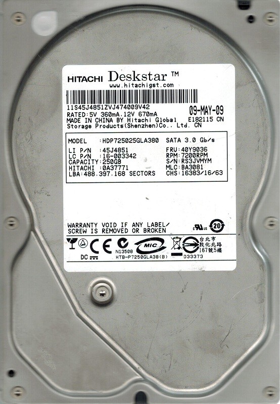 Hitachi HDP725025GLA380 MLC: BA3081 P/N: 0A37771 250GB