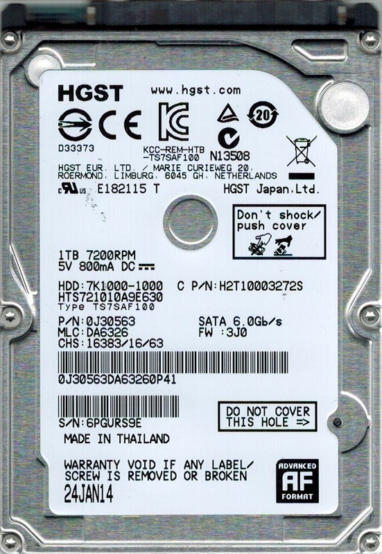 Hitachi HTS721010A9E630 P/N: 0J30563 MLC: DA6326 1TB