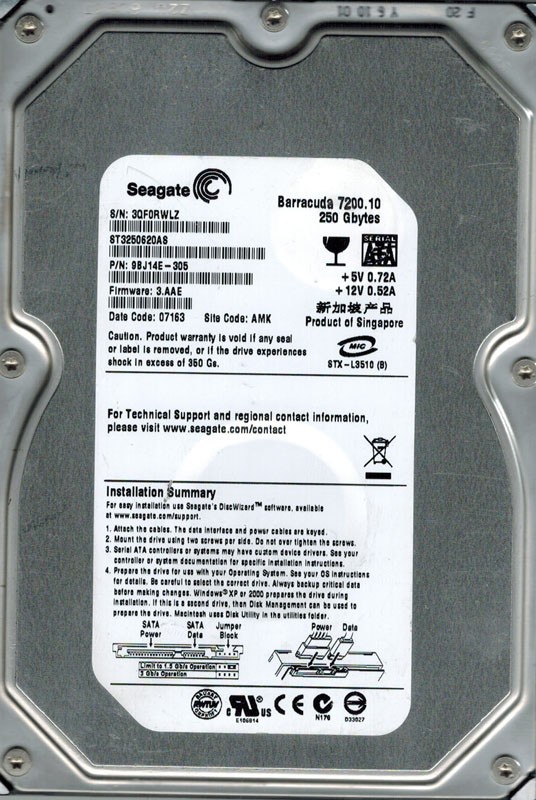 Seagate ST3250620AS P/N: 9BJ14E-305 F/W: 3.AAE 250GB AMK