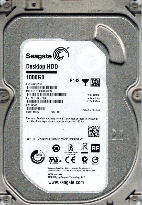 Seagate ST1000DM003 P/N: 1ER162-300 F/W: CC43 1TB TK