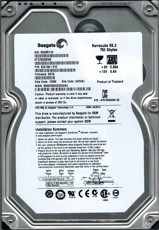 Seagate ST3750330NS P/N: 9CA156-510 F/W: SN16 AVCCAL 750GB