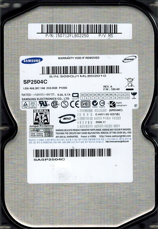 Samsung SP2504C P/N: 150712FLB02250 F/W: 100-49 250GB