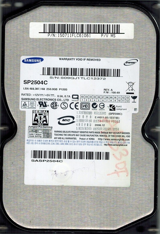 Samsung SP2504C P/N: 150711FLC61061 F/W: 100-49 250GB