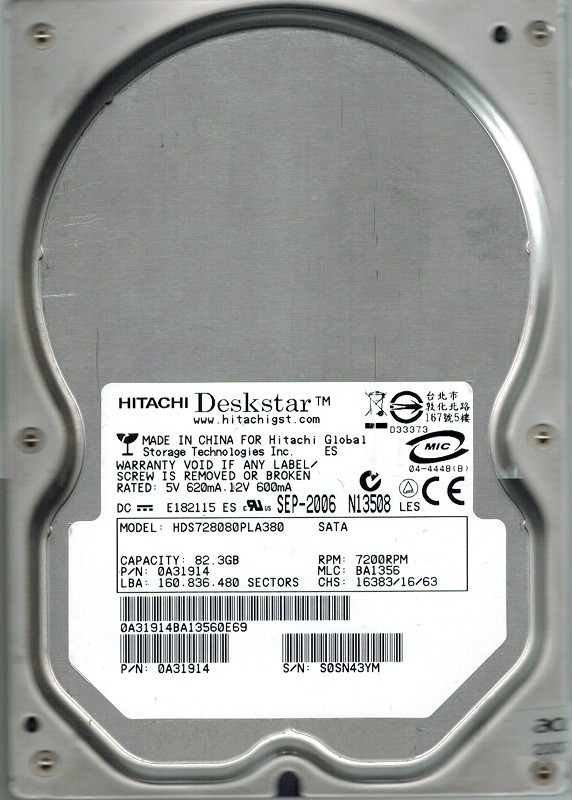 Hitachi HDS728080PLA380 P/N: 0A31914 MLC: BA1356 82.3GB