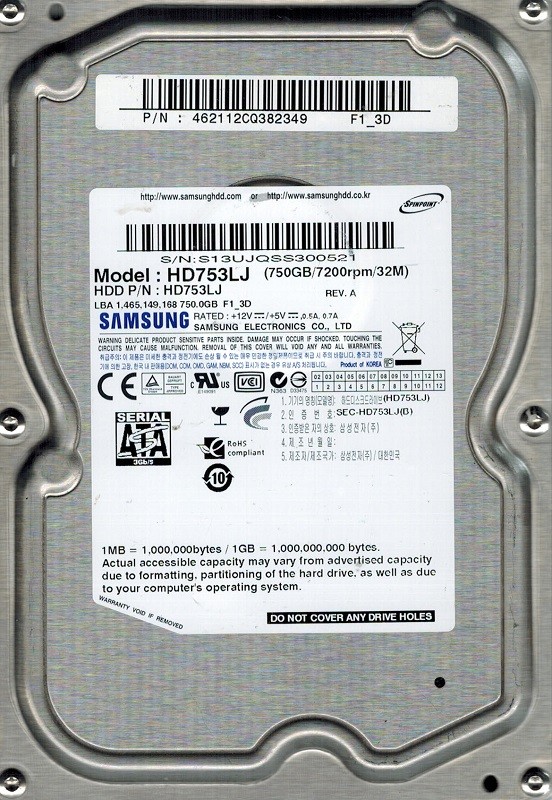Samsung HD753LJ 750GB P/N: 462112CQ382349