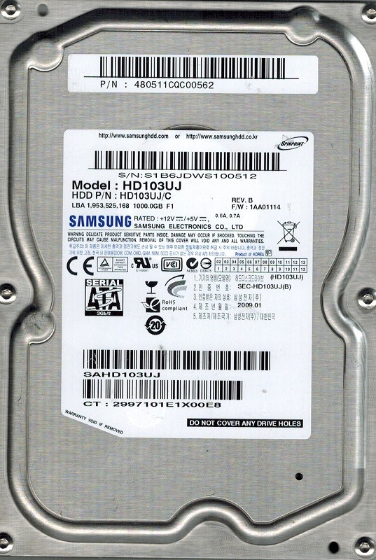 Samsung HD103UJ/C SPINPOINT 1TB P/N: 480511CQC00562