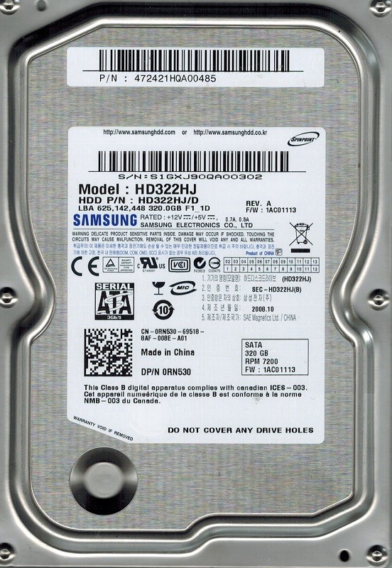 Samsung HD322HJ/D F/W: 1AC01113 320GB P/N: 472421HQA00485