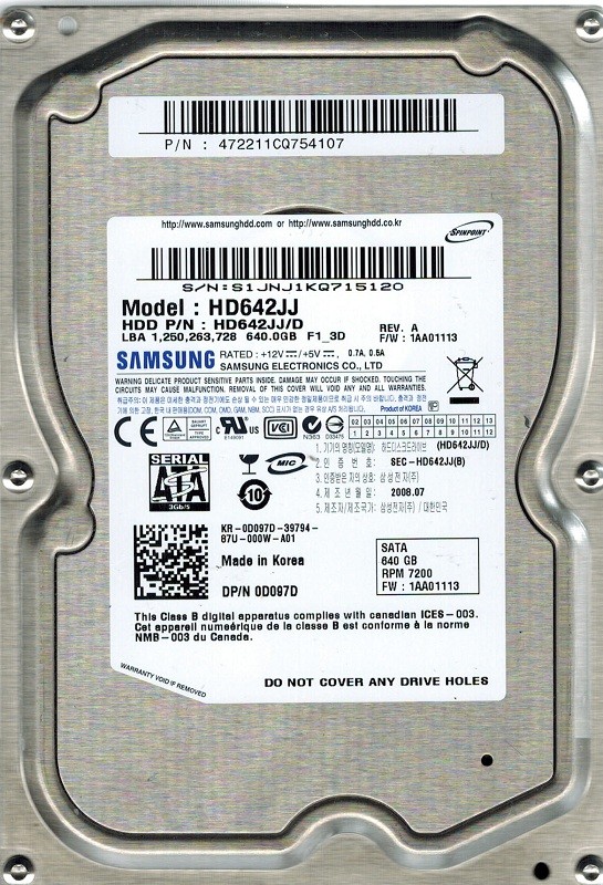 Samsung HD642JJ/D SPINPOINT 640GB P/N:472211CQ754107 