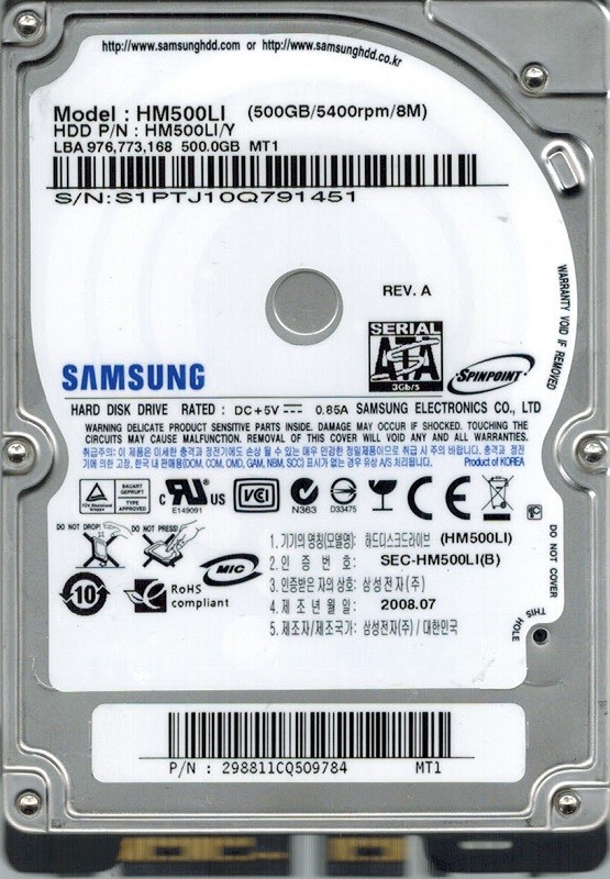 Samsung HM500LI/Y SPINPOINT 500GB P/N: 298811CQ509784