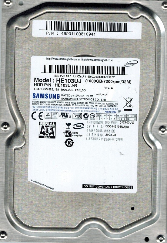 Samsung HE103UJ SPINPOINT 1TB P/N: 469011CQ810941