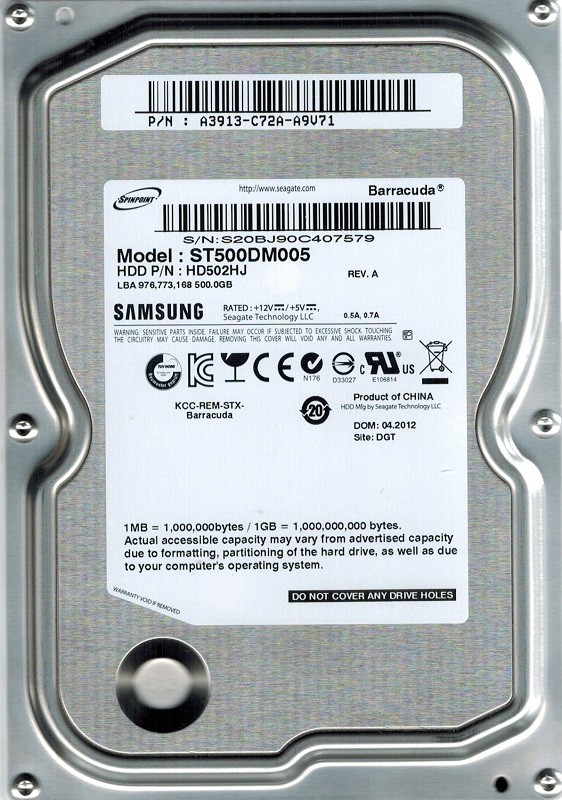 Samsung ST500DM005 HD502HJ 500GB SATA P/N: A3913-C72A-A9V71