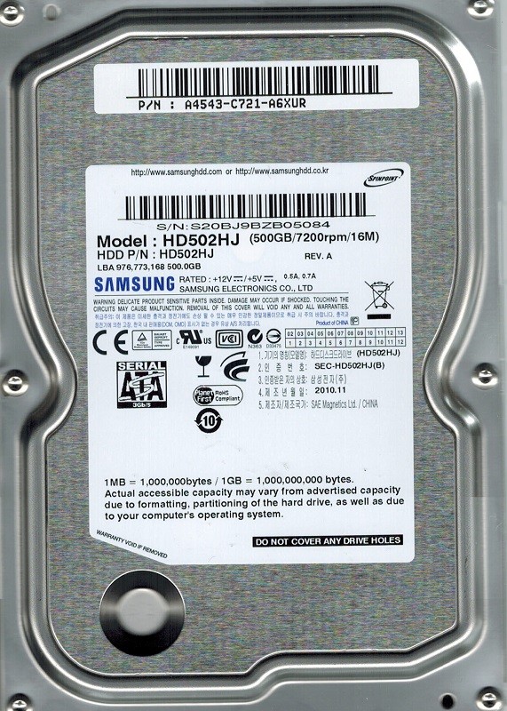 Samsung HD502HJ SPINPOINT 500GB SATA P/N: A4543-C721-A6XUR