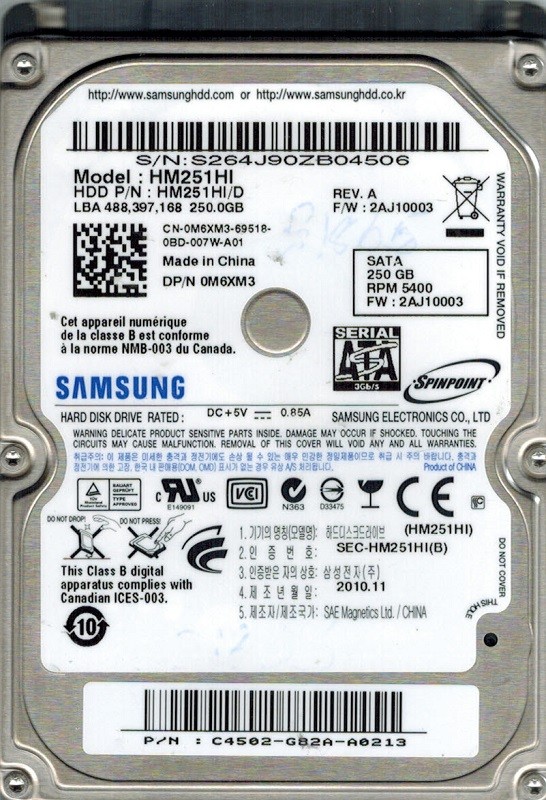 Samsung HM251HI/D SPINPOINT 250GB P/N: C4502-G82A-A0213