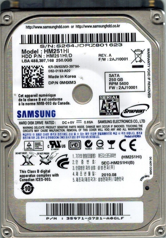 Samsung HM251HI SPINPOINT 250GB P/N: 35971-G721-A0GLF