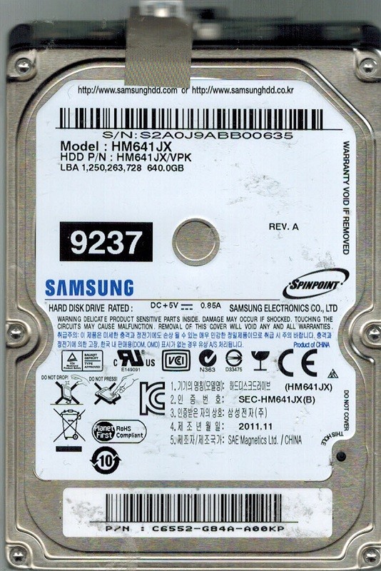 Samsung HM641JX SPINPOINT USB 2.0 640GB P/N: C6552-G84A-A00KP