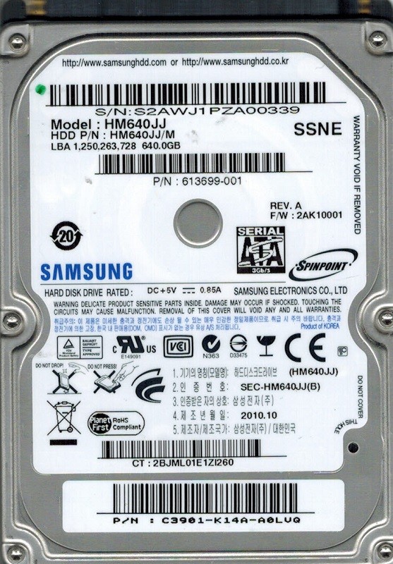 Samsung HM640JJ/M SPINPOINT 640GB P/N: C3901-K14A-A0LVQ