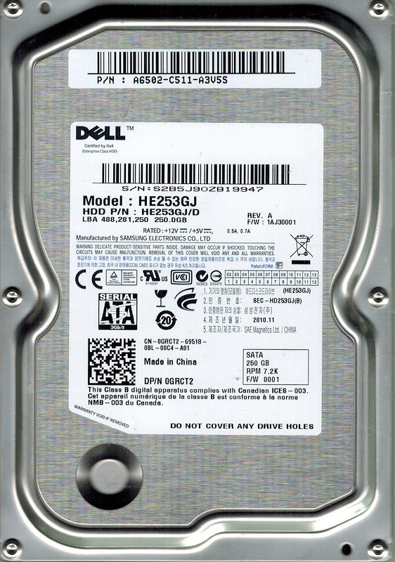 Samsung HE253GJ SPINPOINT 250GB P/N: A6502-C511-A3V5S F/W:1AJ30001