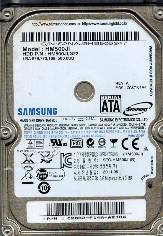 Samsung HM500JI SPINPOINT 500GB P/N: C2082-F14A-A2IHA F/W: 2AC101V4