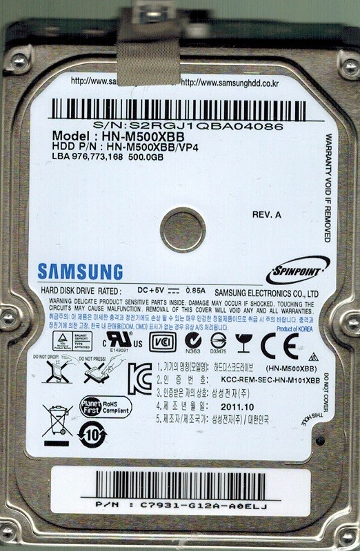 Samsung HN-M500XBB/VP4 SPINPOINT 500GB USB 2.0 P/N: C7931-G12A-A0ELJ
