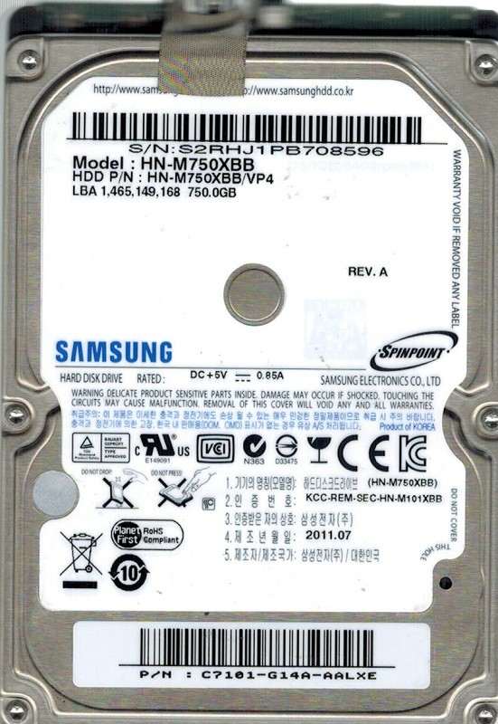 Samsung HN-M750XBB SPINPOINT 750GB USB 2.0 P/N: C7101-G14A-AALXE