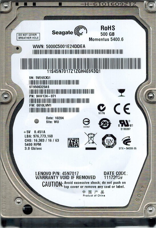 Seagate ST9500325AS P/N: 9HH134-071 F/W: 0010LVM1 500GB WU