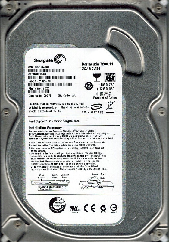 Seagate ST3320813AS P/N: 9FZ182-188 F/W: SD23 320GB WU