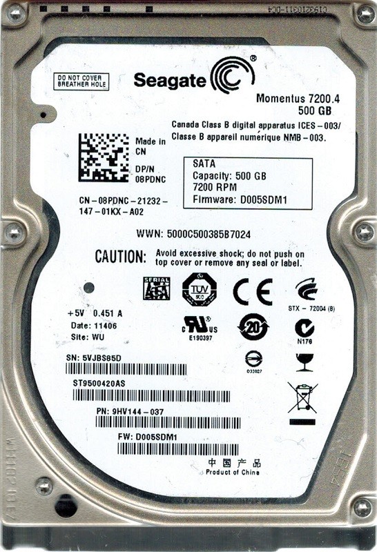 Seagate ST9500420AS F/W: D005SDM1 P/N: 9HV144-037 500GB WU 