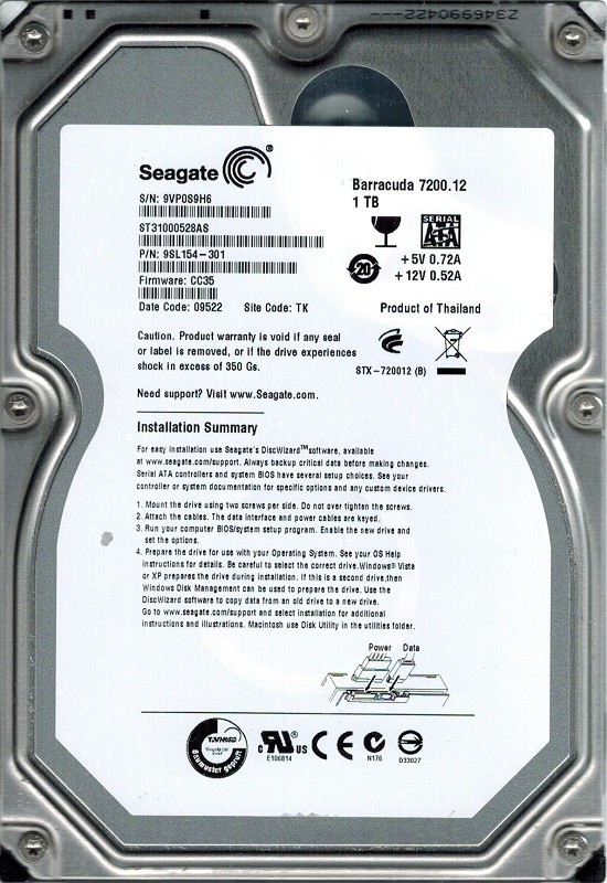 Seagate ST31000528AS P/N: 9SL154-301 F/W: CC35 1TB TK