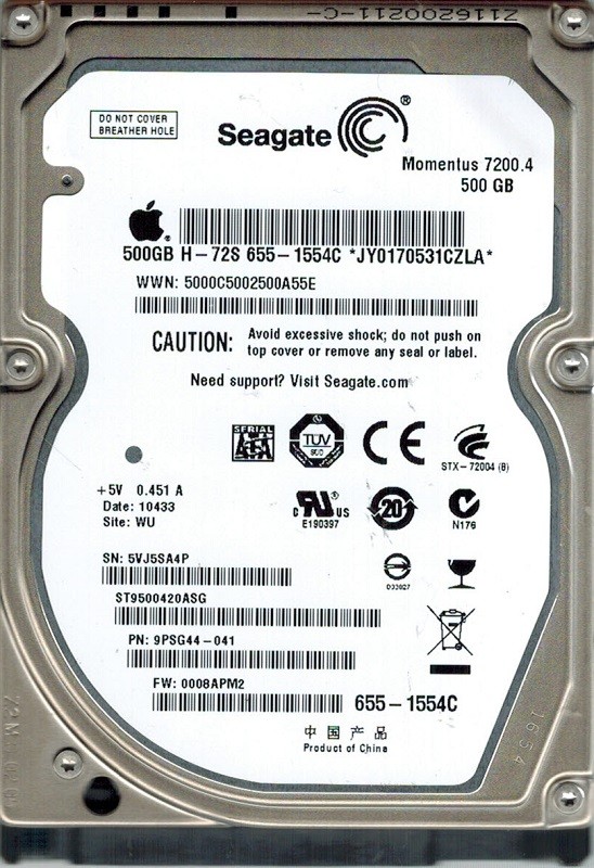 Seagate ST9500420ASG P/N: 9PSG44-041 F/W: 0008APM2 MAC 655-1554C WU 