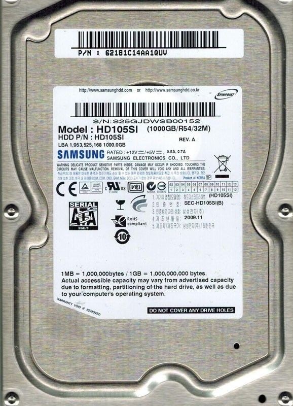 SAMSUNG HD105SI 1TB HARD DRIVE DATE 2009.11 P/N: 62181C1AA1QUV
