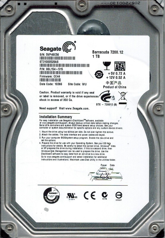 Seagate ST31000528AS F/W: CC44 P/N: 9SL154-515 WU 1TB