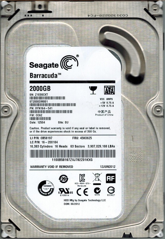 Seagate ST2000DM001 P/N: 9YN164-541 F/W: CC62 SU Z1E 2TB