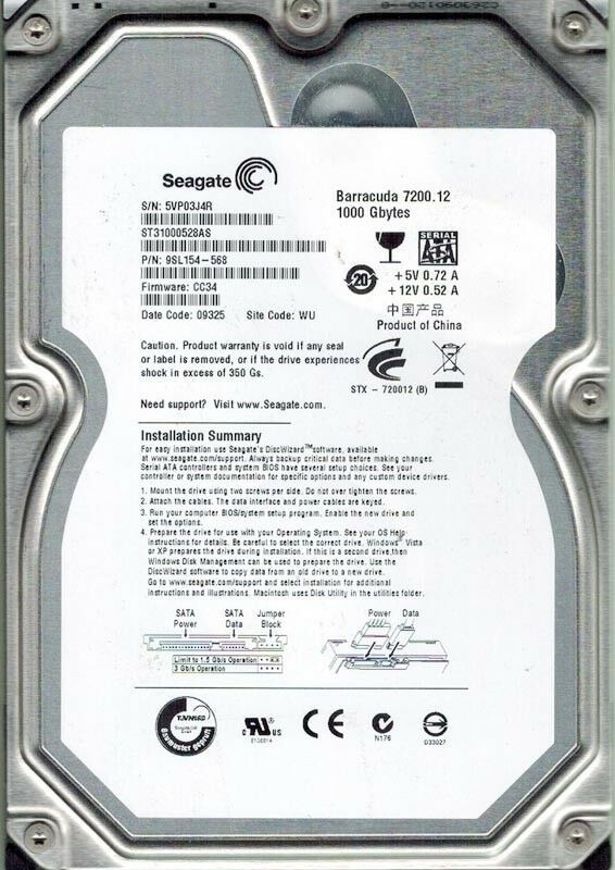 ST31000528AS P/N: 9SL154-568 F/W: CC34 WU 5VP Seagate 1TB