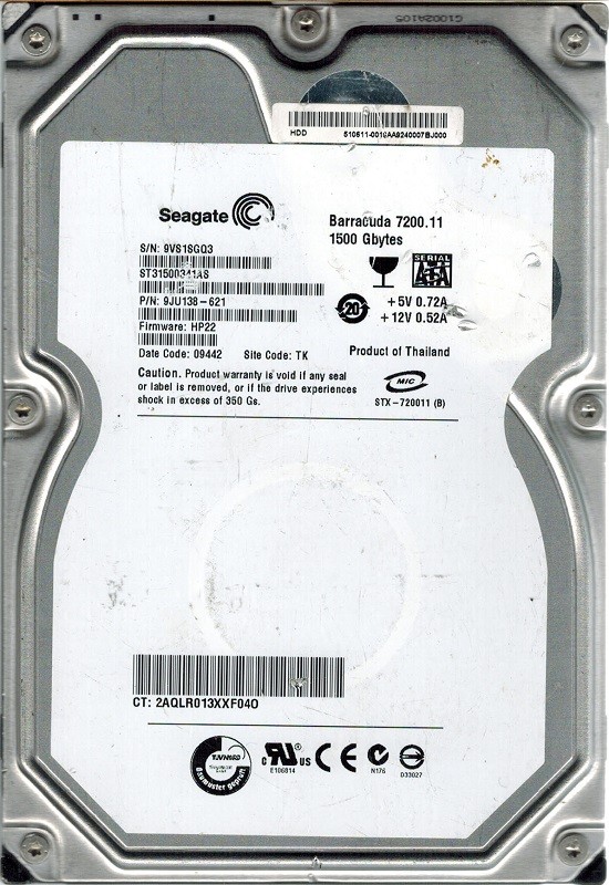 Seagate ST31500341AS P/N: 9JU138-621 F/W: HP22 1.5TB TK