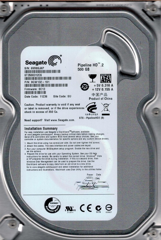 ST3500312CS P/N: 9GW132-191 F/W: SC13 500GB Seagate SU