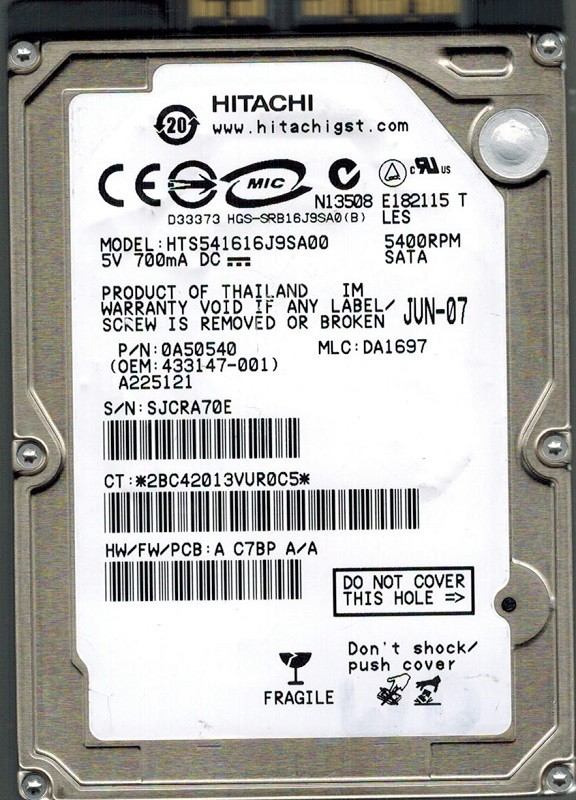 Hitachi HTS541616J9SA00 P/N: 0A50540 MLC: DA1697 160GB