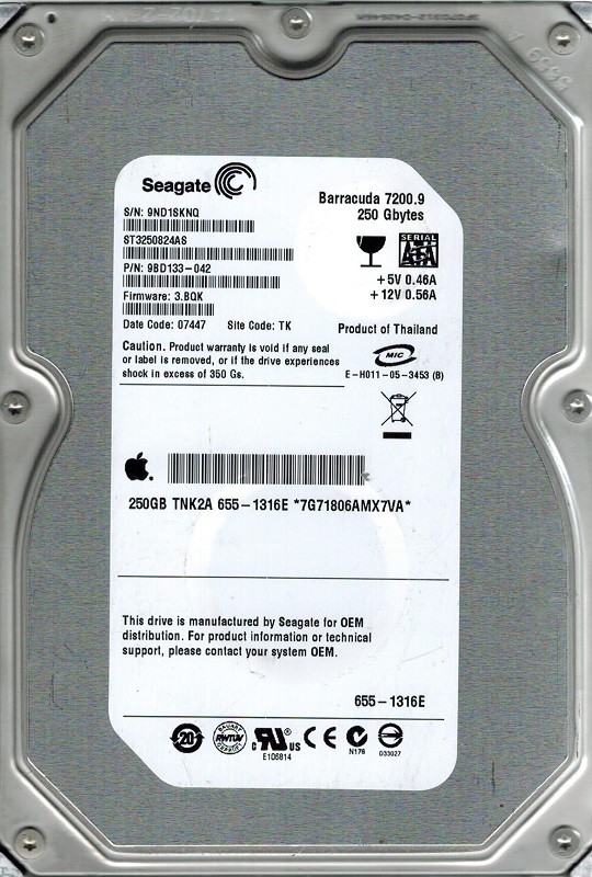 Seagate ST3250824AS P/N: 9BD133-042 F/W: 3.BQK MAC 655-1316E 250GB TK