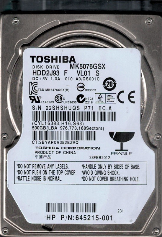 Toshiba MK5076GSX HDD2J93 F VL01 S 500GB CHINA F/W: A0/GS001C