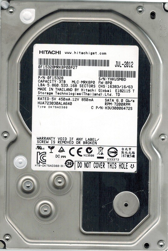 Hitachi HUA723030ALA640 P/N: 0F15328 MLC: MRK8P0 3TB 