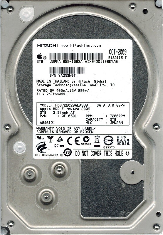 Hitachi HDS722020ALA330 P/N: 0F10501 MLC: JPK23N MAC: 655-1563A