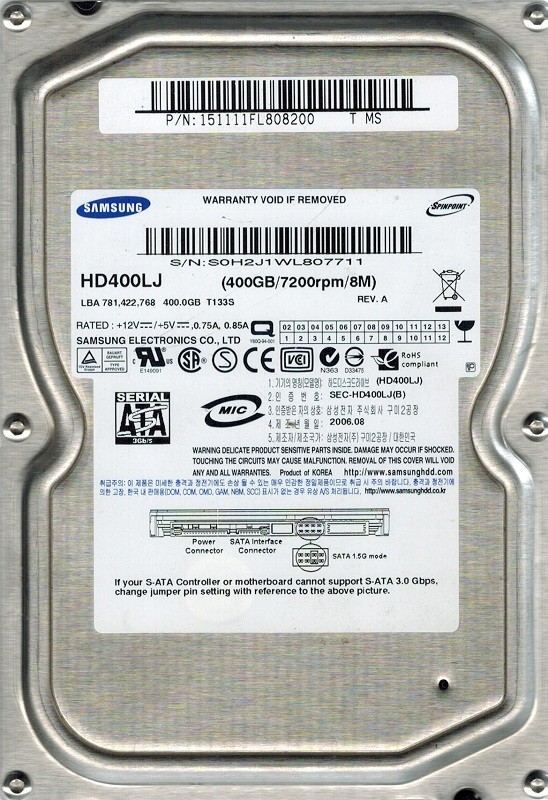 Samsung HD400LJ SPINPOINT 400GB P/N: 151111FL808200
