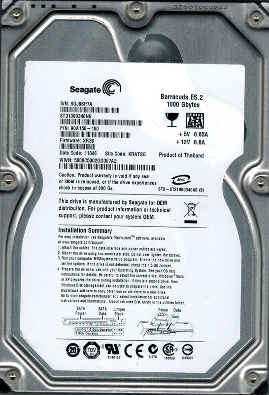 Seagate ST31000340NS P/N: 9CA158-180 F/W: XR36 1TB KRATSG