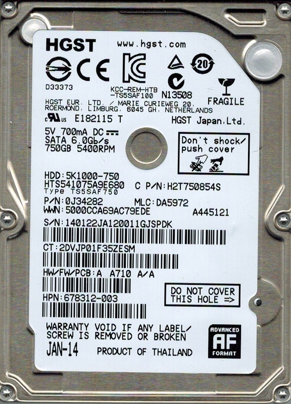 Hitachi HTS541075A9E680 P/N: 0J34282 MLC: DA5972 750GB