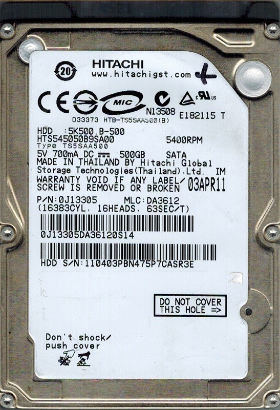 Hitachi HTS545050B9SA00 P/N: 0J13305 MLC: DA3612 500GB