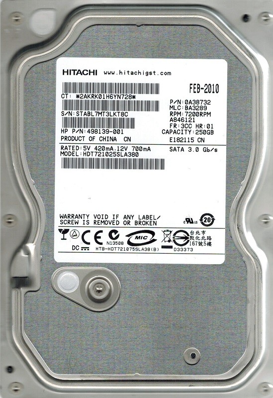 Hitachi HDT721025SLA380 P/N: 0A38732 MLC: BA3289 250GB