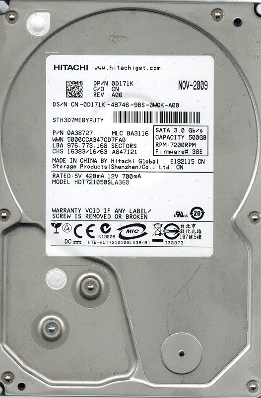 Hitachi HDT721050SLA360 P/N: 0A38727 MLC: BA3116 500GB