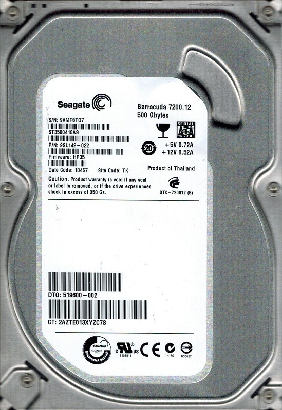 Seagate ST3500418AS P/N: 9SL142-022 F/W: HP35 500GB TK 9VM