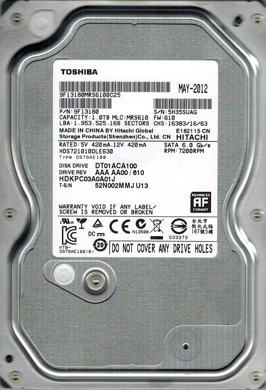 Toshiba DT01ACA100 HDS721010DLE630 MLC: MRS610 P/N: 9F13180